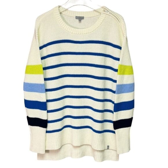 Talbots Sweaters - T by Talbots Multi Stripe Crewneck High-Low Sweater Ivory Blue Medium